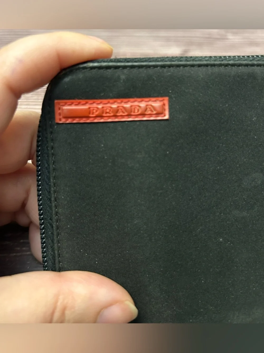 Prada Black Nylon Zip Case with Red Logo Tab